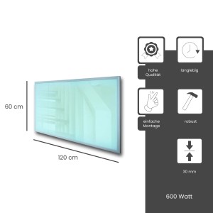 Weiße Fenix Infrarotheizung ECOSUN Glasheizung 600W mit Alurahmen, Maße 120x60x3cm.