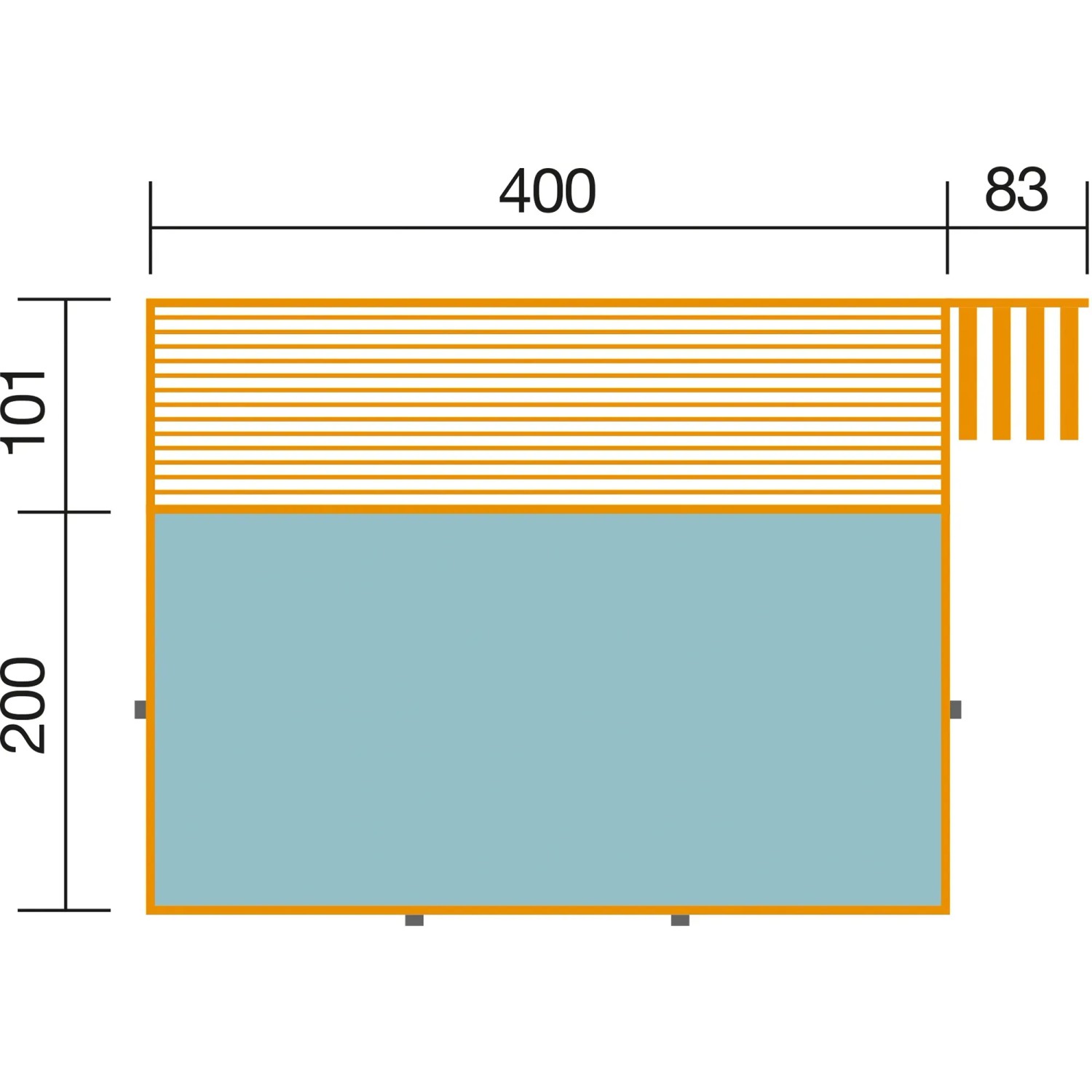 Draufsicht Weka Holzpool 595 mit Technikraum/Sonnendeck, Maße 490x309x203 cm.