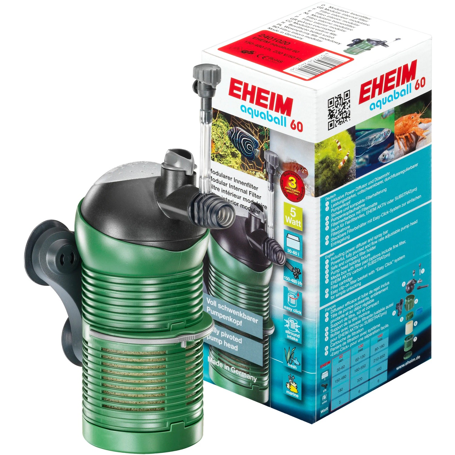 Eheim Aquaball 60 Innenfilter für Aquarien, mit schwenkbarem Pumpenkopf und Filtermedien.