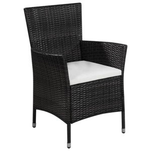 Schwarzer Poly Rattan Stuhl mit cremeweißem Kissen aus dem vidaXL Bistro-Set.