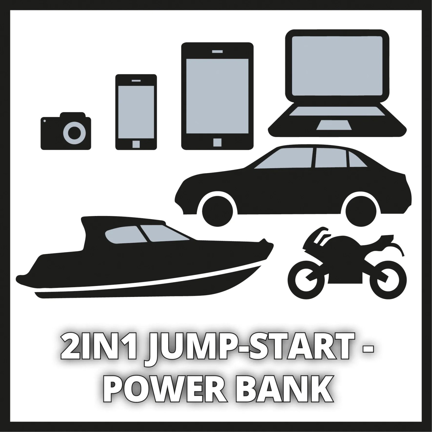 Einhell Power Bank CE-JS 12: Symbolbild für Starthilfe von Auto, Motorrad, Boot und Laden von Geräten.