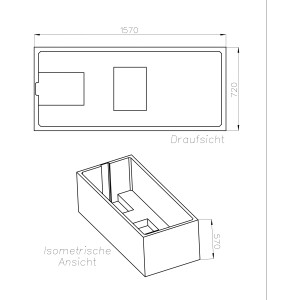 Technische Zeichnung Ottofond Wannenträger Costa 160x75 cm, Draufsicht und isometrische Ansicht.
