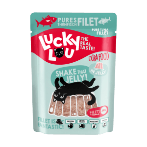 Lucky Lou Katzen-Nassfutter Thunfisch in Jelly, 70g Pouch mit Katzen-Motiv.