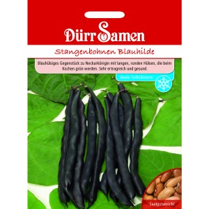 Dürr Samen Stangenbohnen Blauhilde Saatgut Packung mit blauen Bohnen vor grünen Blättern.