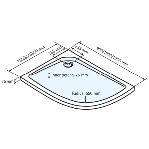 Technische Zeichnung: Schulte Duschwannen-Set Viertelkreis asymmetrisch links, 100x90 cm.