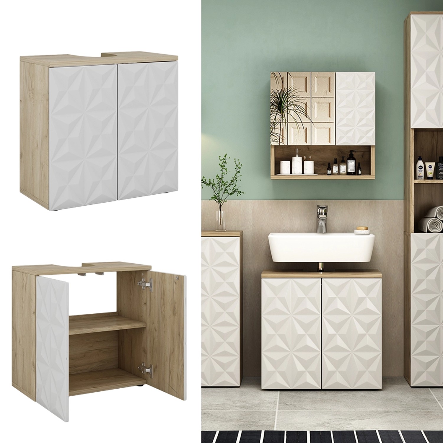 Vicco Waschbeckenunterschrank Edge, weiß/Eiche, 60 cm breit, mit zwei Türen. Badmöbel.