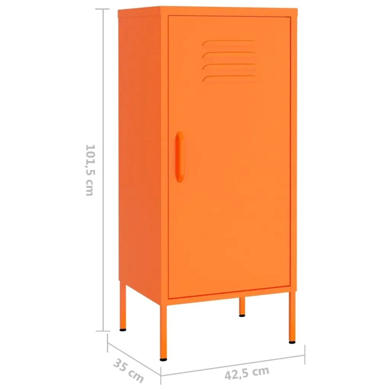 Orangefarbener Büroschrank aus Stahl, 42,5x35x101,5 cm, mit Tür und Griff.