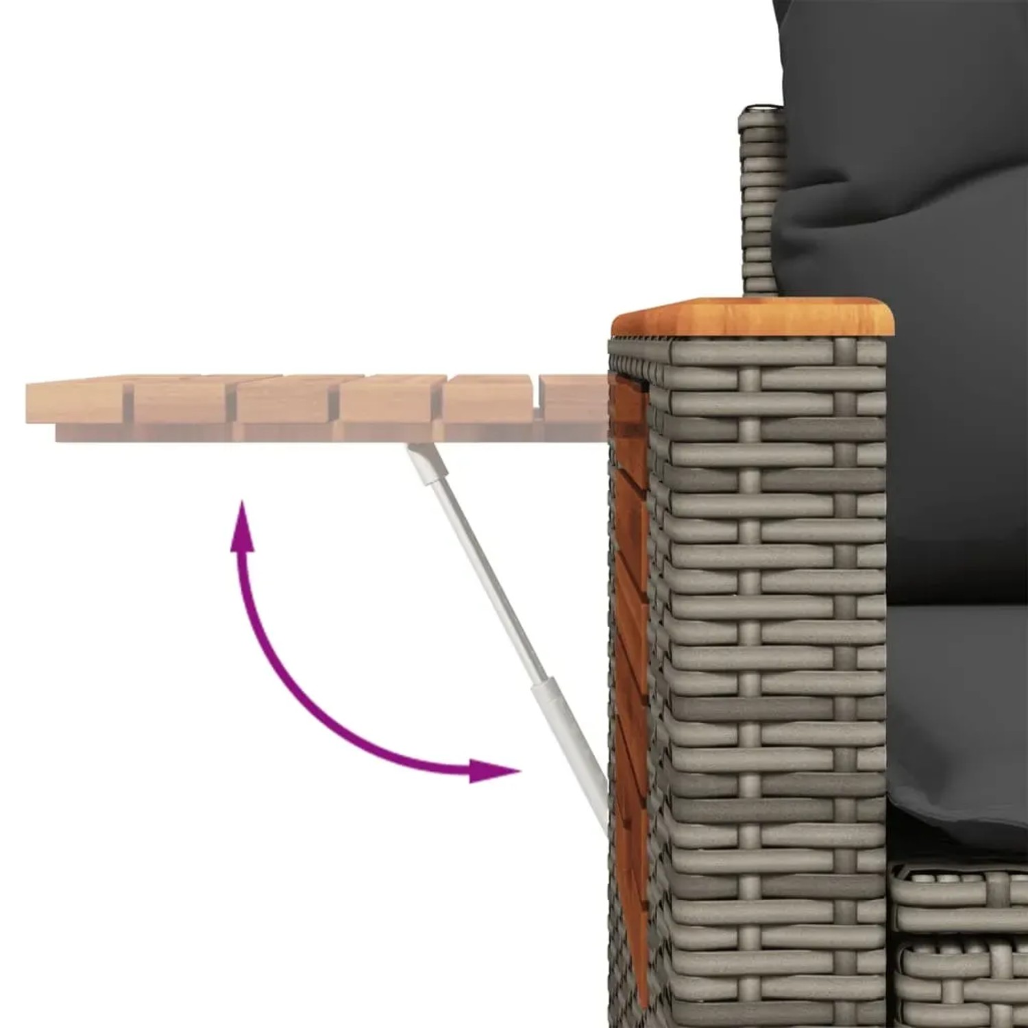 Detailaufnahme: Ausklappbarer Tisch der grauen vidaXL Garten-Sofagarnitur aus Polyrattan.