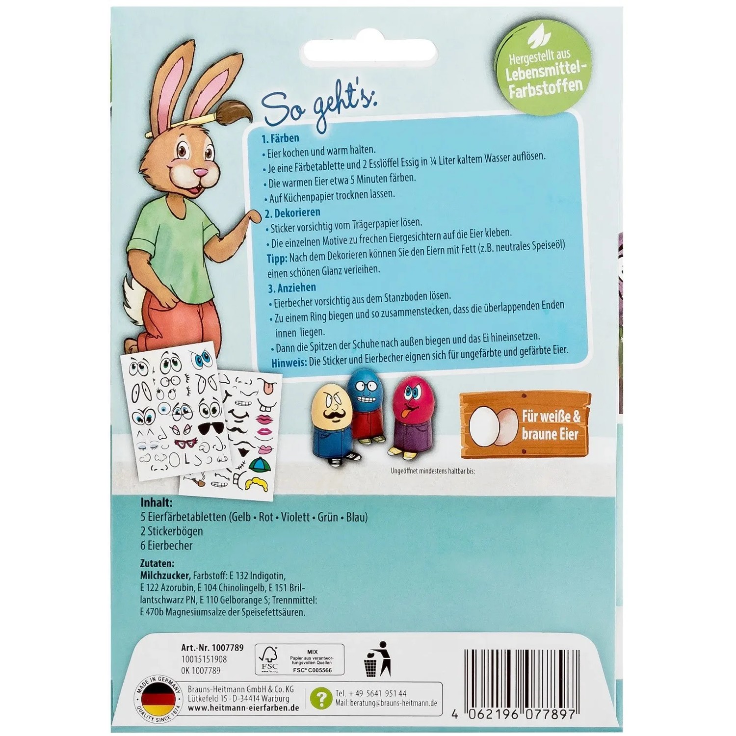 Brauns-Heitmann Eierfarben Set "Freche Eierköpfe" mit Farben, Stickern und Eierbechern.