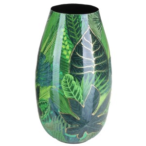 Grüne Metallvase Flora mit Blätterprint und Gold-Reflexen, 15x28 cm, dekorativer Übertopf.