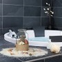 Buntes Muschel Set mit verschiedenen Muscheln und Schnecken, dekorativ arrangiert mit Sand und Kerzen im Bad.