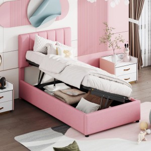 Rosa okwish Polsterbett 90x200 mit Bettkasten, ohne Matratze im Kinderzimmer.