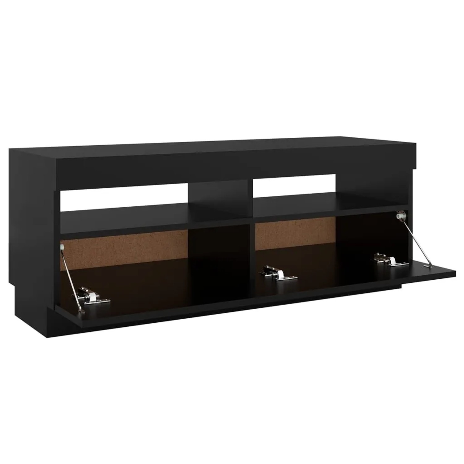 Schwarzer VidaXL TV-Schrank mit LED-Beleuchtung, offene Fächer und zwei Türen.