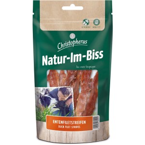 Christopherus Hunde-Snack Entenfiletstreifen, getreidefrei und fettarm, 70g Packung.