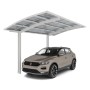 Winterweißer Ximax Carport Portoforte-80 mit gebogenem Dach und Auto. Moderner Metallcarport für den PKW-Stellplatz.