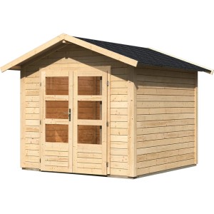 Karibu Holz-Gartenhaus Tessin 1, naturbelassen mit Doppeltür und schwarzen Dachschindeln.