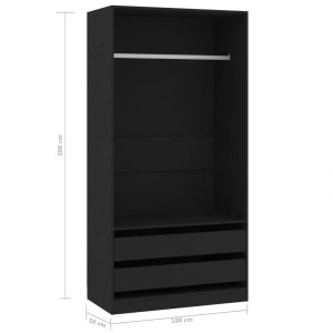 Schwarzer Kleiderschrank (100x50x200 cm) mit Schubladen und Hängestange.