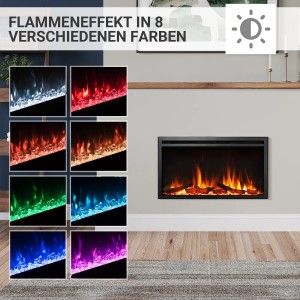 Schwarzer BALDERIA Elektrokamin AT-33 mit 3D-Flammeneffekt und verschiedenen Farboptionen.