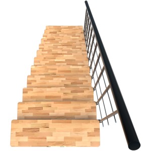 Minka Mittelholmtreppe Comfort Top, Buche, schwarz, Aufsicht auf die Holzstufen mit schwarzem Geländer.