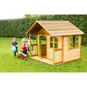 Axi Milan Spielhaus aus Holz in Braun und Grün mit Veranda und Kindern im Garten.