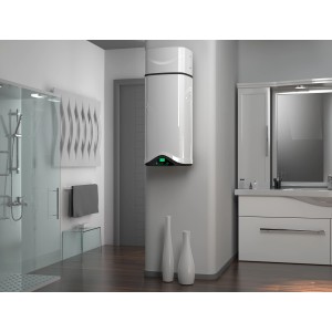 Ariston Warmwasserspeicher Nuos Evo A+ 80 l im Badezimmer, Wandspeicher mit Wärmepumpe.
