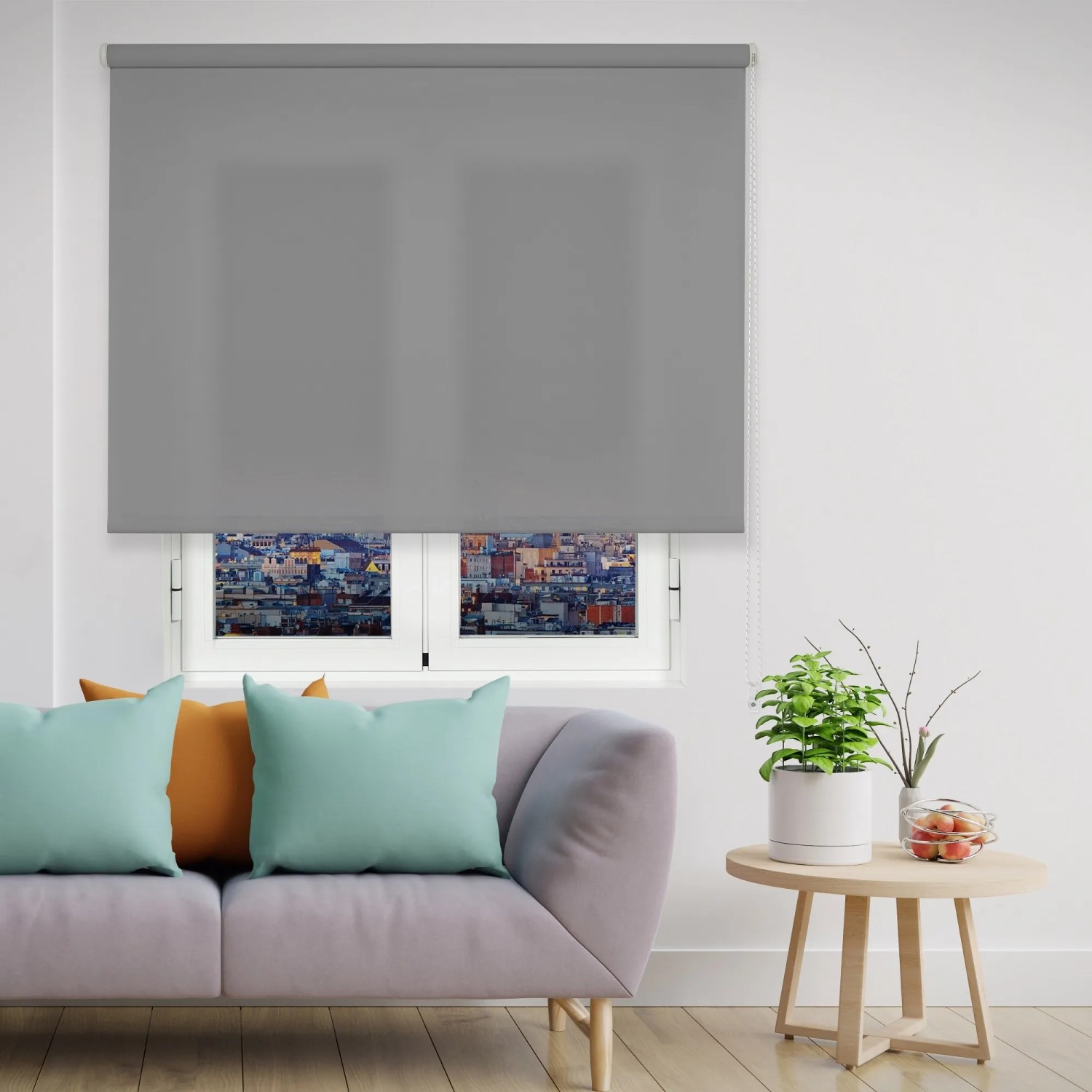 Außenrollo für Fenster | Grau Sichtschutz | in Rasterbreite | Montage ohne Bohren - 600mm / 600-900mm / Manuell