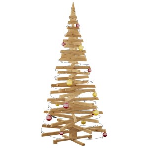 Moderner 210 cm hoher Weihnachtsbaum aus braunem Kiefernholz mit Ständer, dekoriert mit Kugeln und Lichterkette.