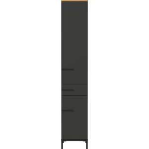 Schlanker Bad-Hochschrank Germania in Graphit mit Eiche-Oberplatte, Tür, Schublade und Metallfüßen.