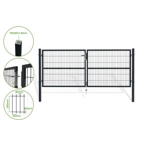 Casanoov Doppelflügel Zauntor, 3m breit, 120cm hoch, grau, aus verzinktem Stahl mit quadratischen Rahmen.