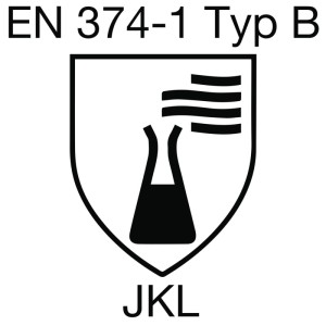 Schwarzes Piktogramm für Chemikalienschutz: Schild mit Erlenmeyerkolben, EN 374-1 Typ B, JKL.