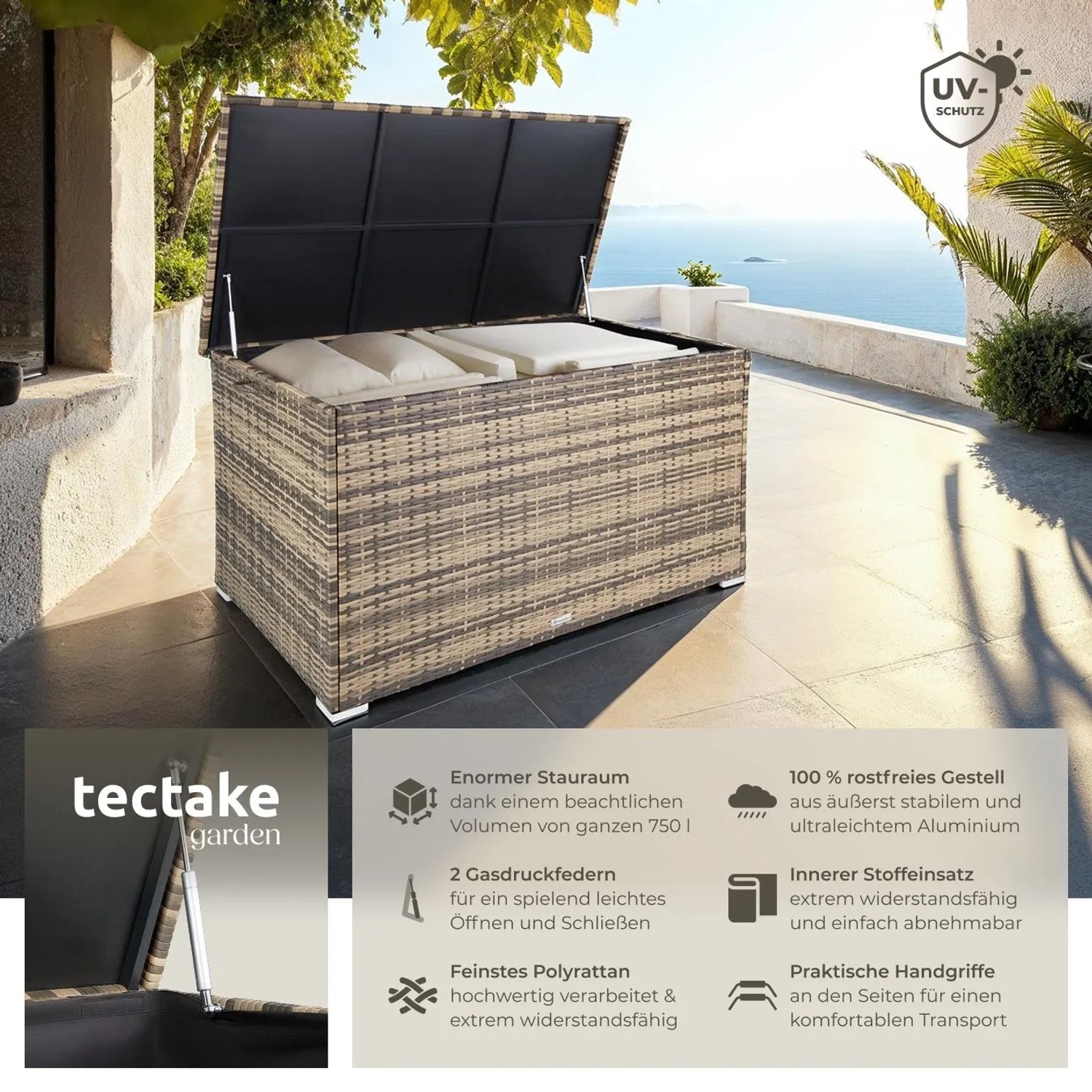 Tectake Auflagenbox Oslo, 750L, Rattangeflecht, mit geöffnetem Deckel und Auflagen im Garten.