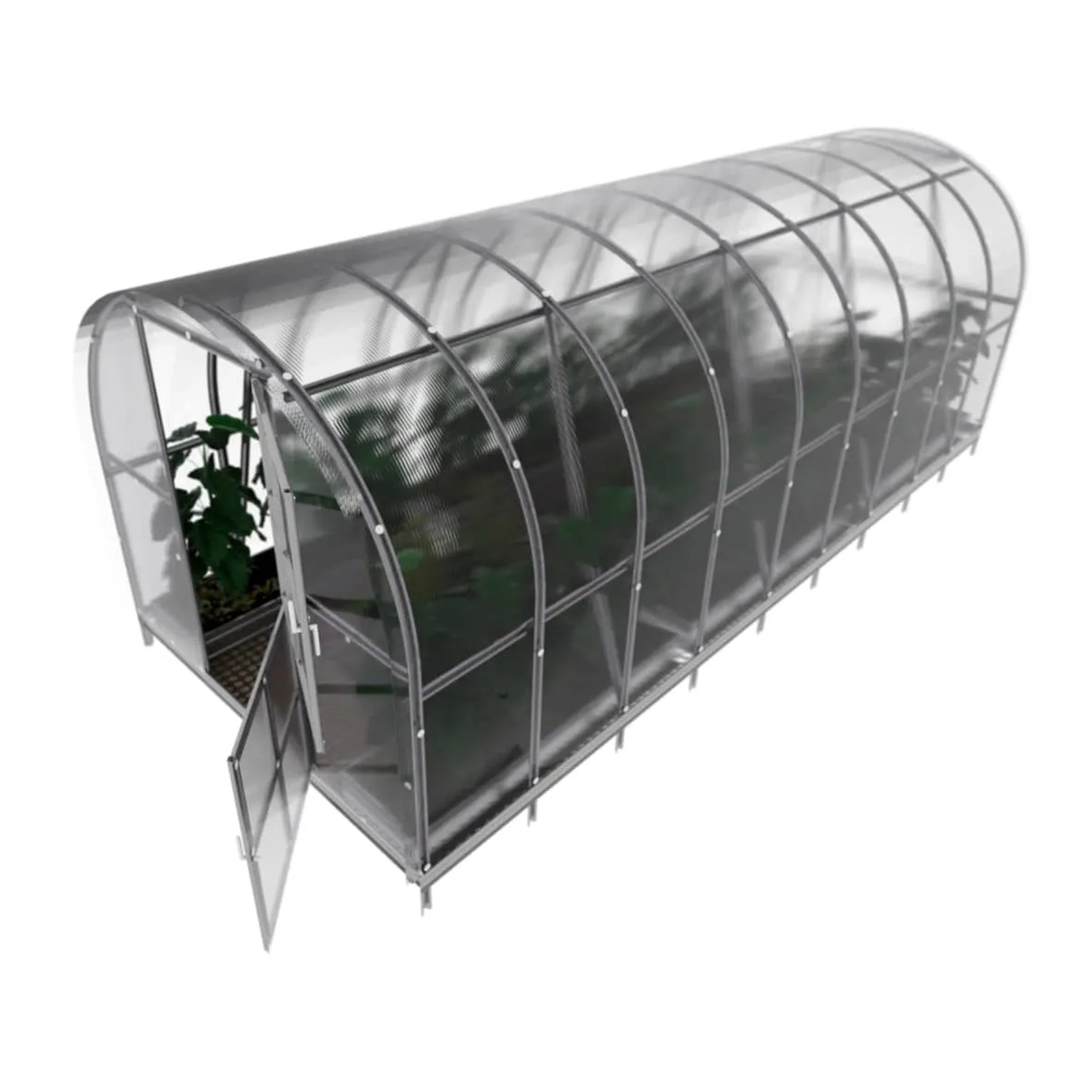 Klasika Arch Gewächshaus 18m² mit Polycarbonat, Tür geöffnet. Robustes Tunnelgewächshaus für Garten.