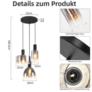 ZMH 3-flammige Vintage Pendelleuchte mit Rauchglas-Schirmen in verschiedenen Formen. Schwarzer Metallrahmen, E27, höhenverstellbar.