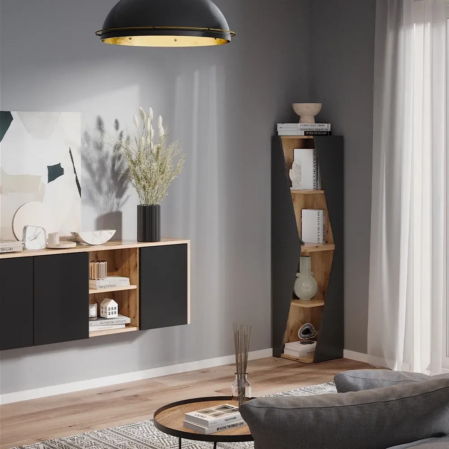 Vicco Badschrank Benno in Anthrazit/Eiche mit 3 Ablagen im modernen Bad.