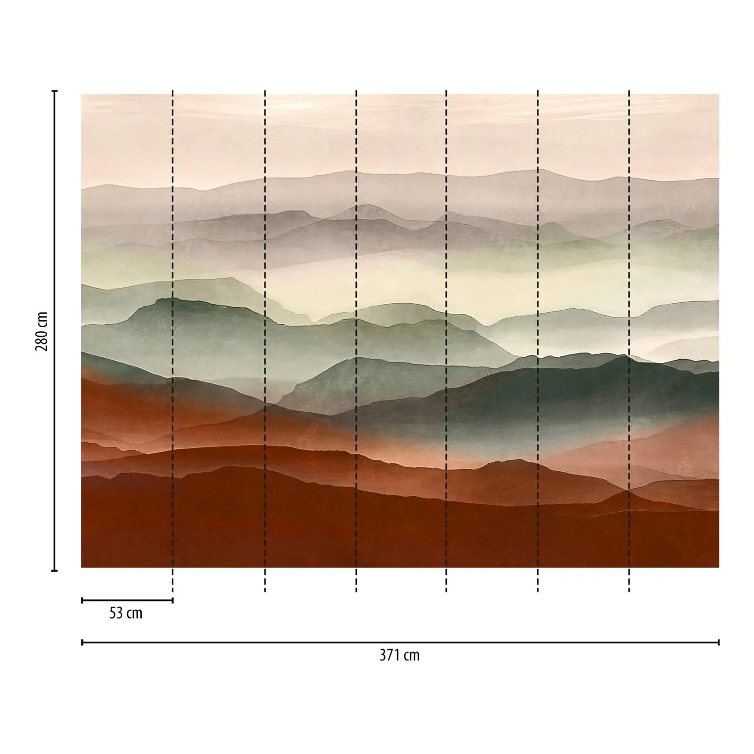 Fototapete mit grafischem Aquarell-Motiv in Rot, Grün, Violett und Beige. Landschaft.
