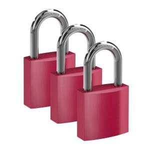 3 rote Basi Vorhangschlösser im Set, verschiedenschließend, mit je 2 Schlüsseln. Ideal zum Gravieren.