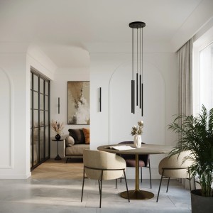 Moderne Sollux Pastelo 2 Pendelleuchte in Schwarz über Esstisch im Wohnraum.