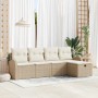 Beiges 5-teiliges vidaXL Garten-Sofa-Set aus Poly Rattan mit Kissen und Stauraum.