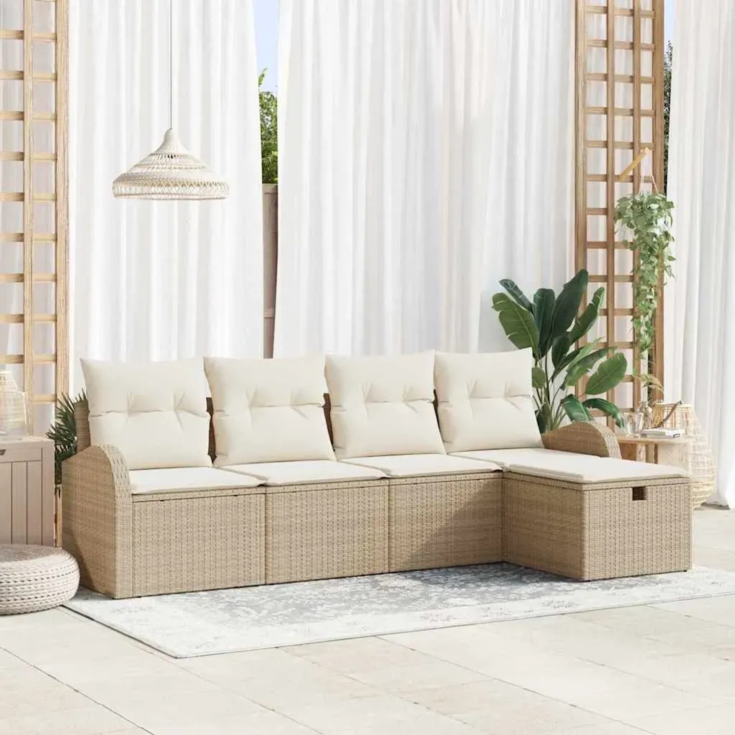 Beiges 5-teiliges vidaXL Garten-Sofa-Set aus Poly Rattan mit Kissen und Stauraum.