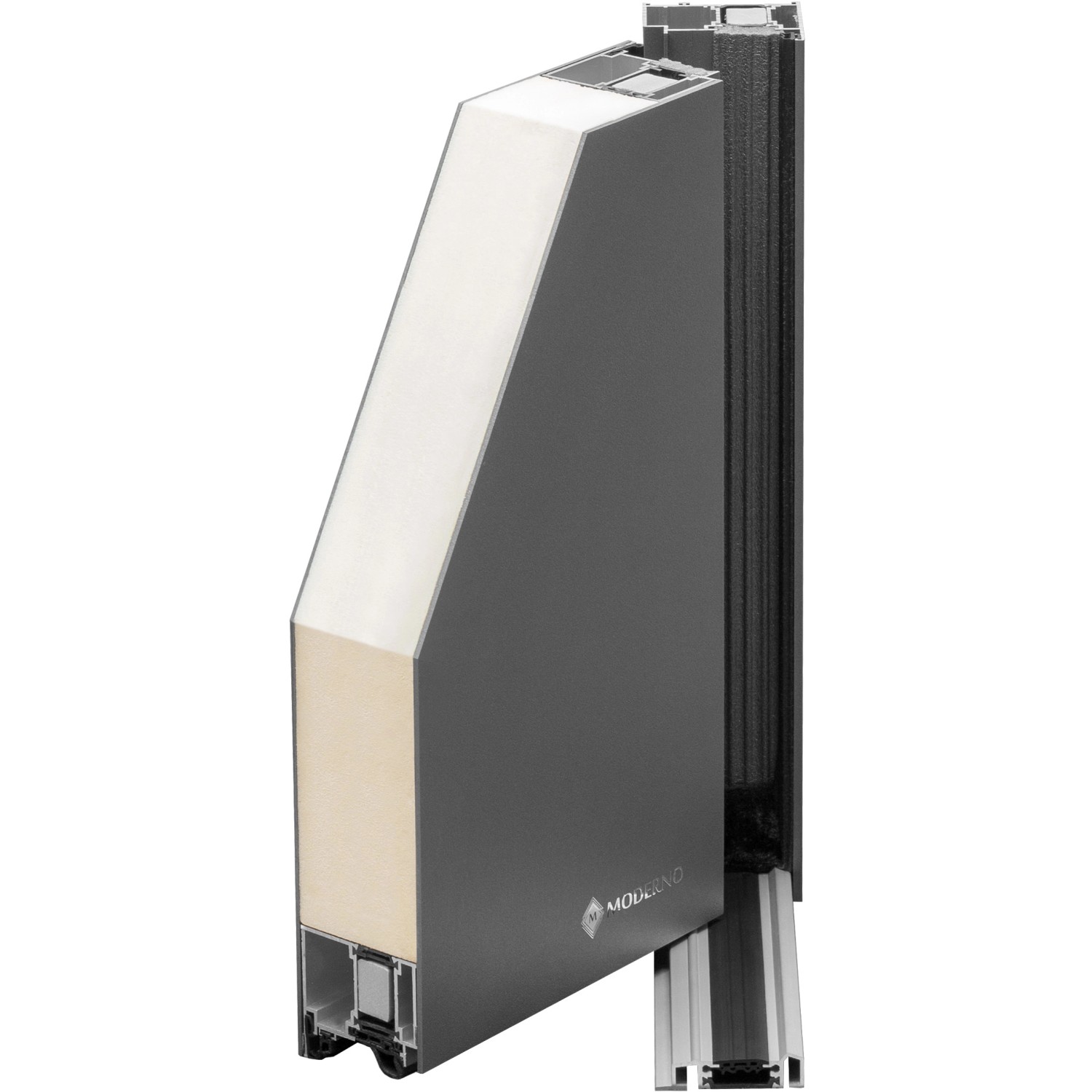 Querschnitt einer weißen Aluminium Haustür Moderno M310/P mit Wärmedämmung.