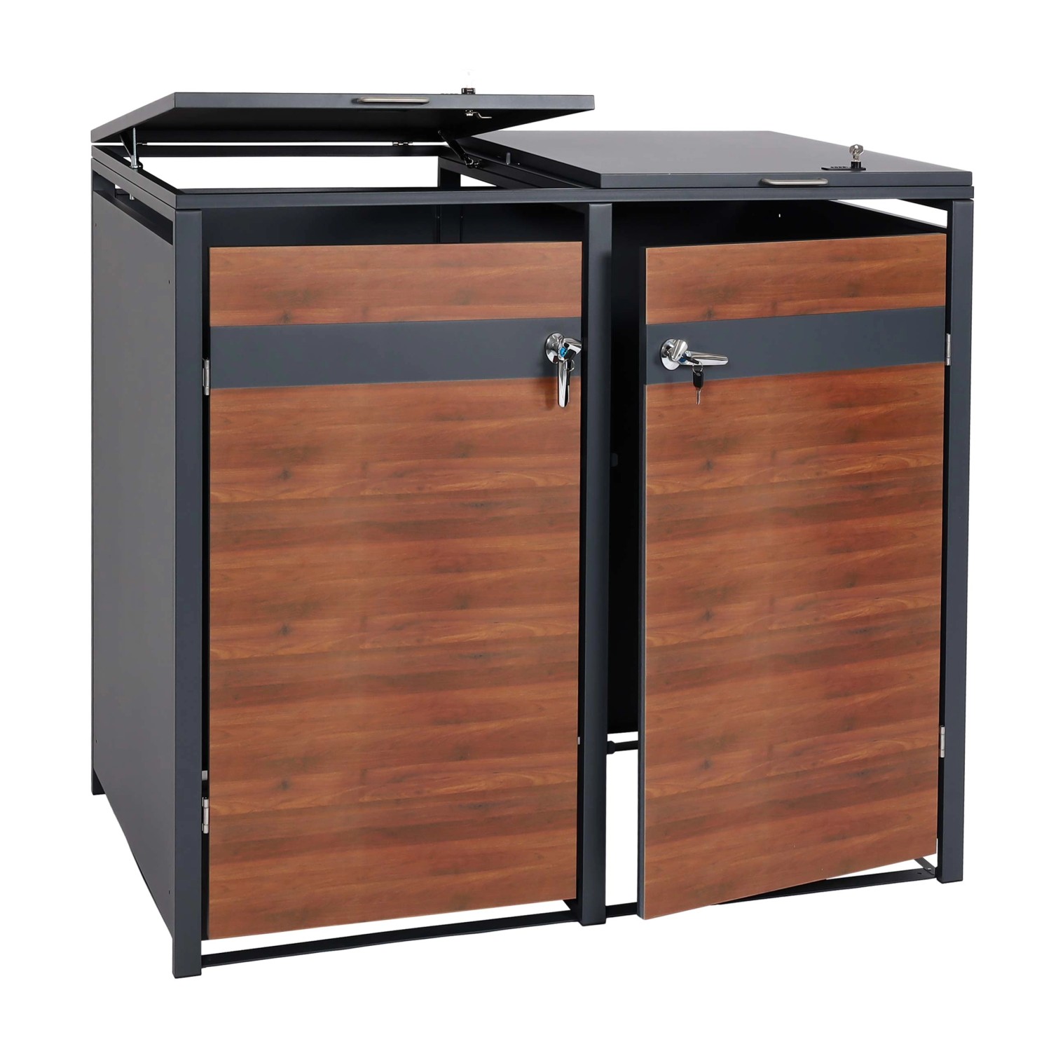 MCW 2er Mülltonnenverkleidung J82 Kirsche-Holzoptik Dunkelbraun 117x132x80cm
