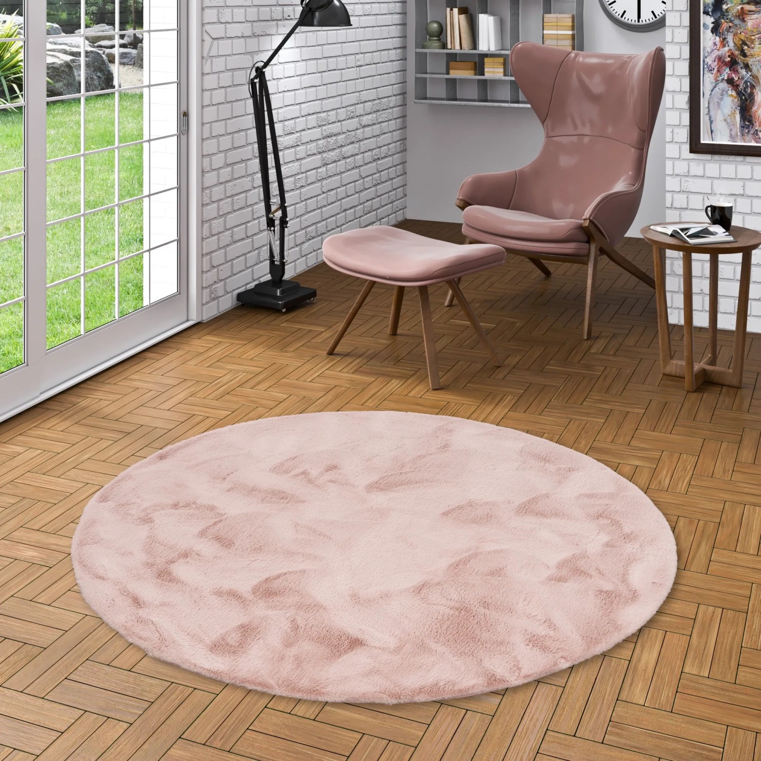 Runder, altrosa Fellteppich (160x160cm) der Marke Pergamon. Super Soft und luxuriös.