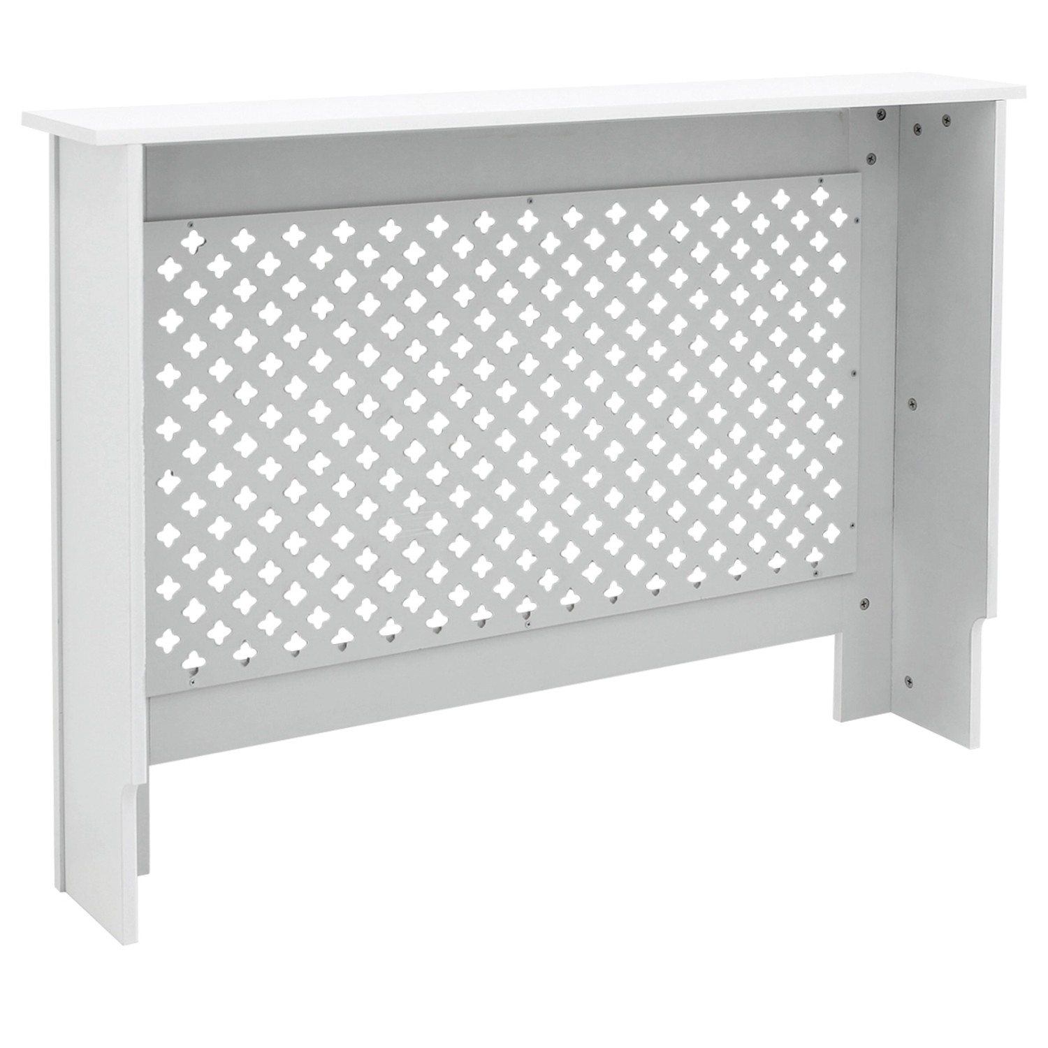 Weiße ECD Germany Heizkörperverkleidung mit Wabenmuster, 112x19x82 cm, aus lackiertem MDF.