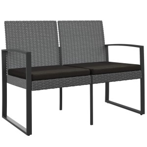 Dunkelgraue 2-Sitzer Gartenbank aus Rattan mit schwarzen Kissen von VidaXL.