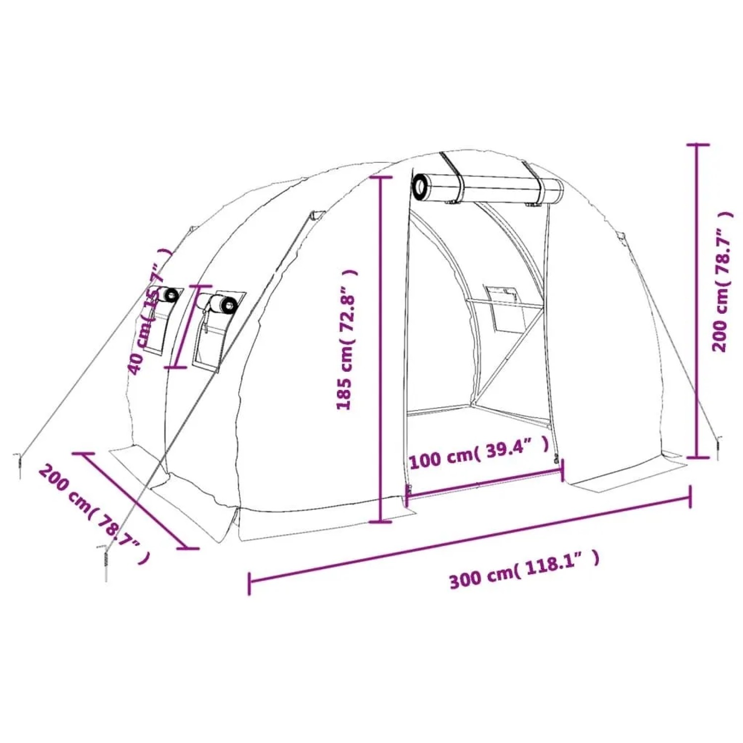 Skizze: Grünes vidaXL Gewächshaus mit Stahlrahmen, 3x2x2 m, mit Maßangaben.