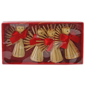 4 Strohsterne als Engel mit Schleife zum Aufhängen, Weihnachtsdekoration.