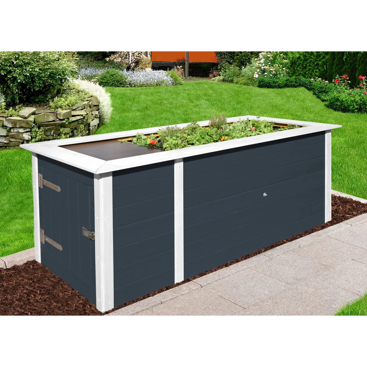Weka Hochbeet mit Schrank in Anthrazit und weißem Rand, bepflanzt im Garten.