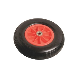 Pannensicheres Rad mit roter Kunststofffelge und schwarzem Rillenprofil, Ø 400 mm.