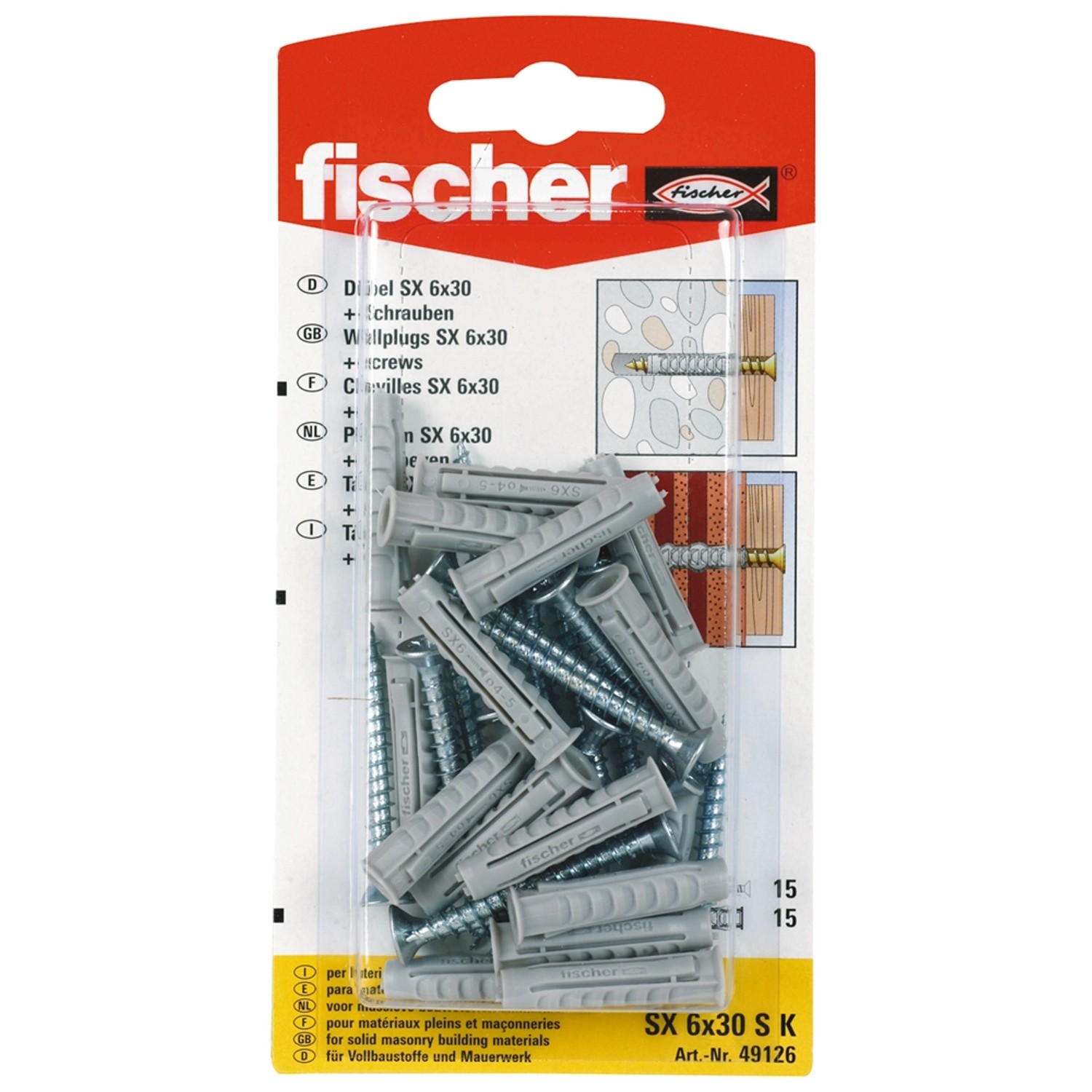 Fischer Spreizdübel SX 6x30 mit Schrauben, 15er Packung. Dübel und Schrauben in Kunststoffverpackung.