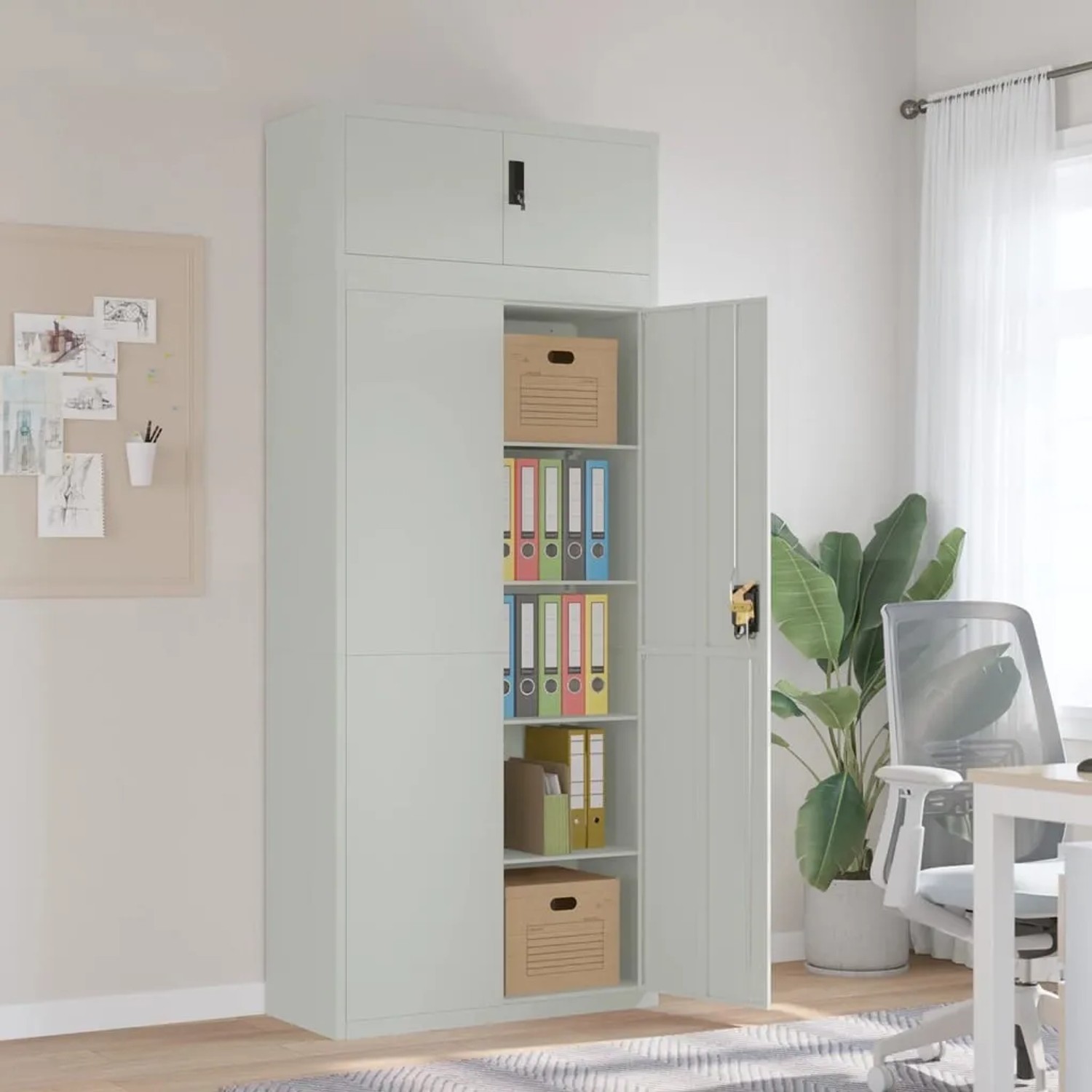 Hellgrauer vidaXL Aktenschrank aus Stahl (90x40x220 cm) mit offenen Fächern und Ordnern.